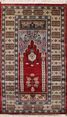 2'1x4'2 Bokhara Jaldar Area Rug with Wool Pile - Prayer Pictorial Design | Hand-Knotted in Red