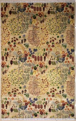 4'1x6'2 Chobi Ziegler Area Rug made using Vegetable dyes with Wool Pile - Floral Design | Hand-Knotted in White