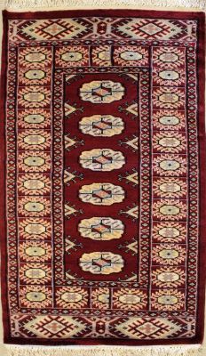 2'1x3'10 Bokhara Jaldar Area Rug with Wool Pile - Special Mori Bokhara Elephant Foot Design | Hand-Knotted in Red