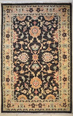 4'0x6'8 Chobi Ziegler Area Rug made using Vegetable dyes with Wool Pile - Floral Design | Hand-Knotted in Black