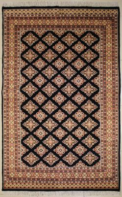 5'0x8'1 Bokhara Jaldar Area Rug with Silk & Wool Pile - Geometric Diamond Design | Hand-Knotted in Black