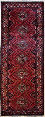 2'6x9'0 Caucasian Design Area Rug with Wool Pile - Tribal Khan Mohammadi Diamond Design | Hand-Knotted in Red