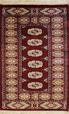 1'11x3'9 Bokhara Jaldar Area Rug with Wool Pile - Special Mori Bokhara Elephant Foot Design | Hand-Knotted in Red