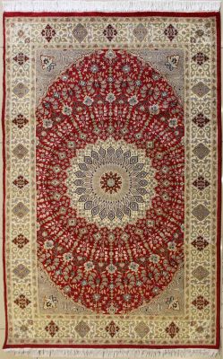 4'6x7'1 Pak Persian High Quality Area Rug with Silk & Wool Pile - Floral Design | Hand-Knotted in Red