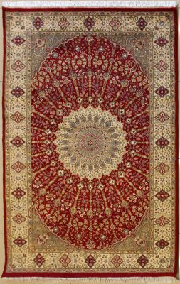 4'5x7'0 Pak Persian High Quality Area Rug with Silk & Wool Pile - Floral Design | Hand-Knotted in Red