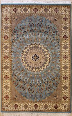 4'6x6'10 Pak Persian High Quality Area Rug with Silk & Wool Pile - Floral Design | Hand-Knotted in Greenish Blue