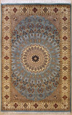 4'6x6'11 Pak Persian High Quality Area Rug with Silk & Wool Pile - Floral Design | Hand-Knotted in Greenish Blue