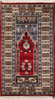 2'1x4'2 Bokhara Jaldar Area Rug with Wool Pile - Prayer Pictorial Design | Hand-Knotted in Red