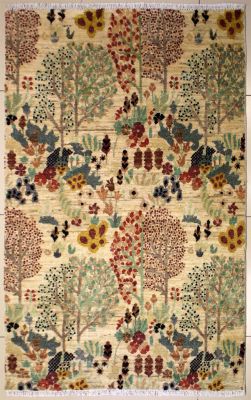 4'1x6'3 Chobi Ziegler Area Rug made using Vegetable dyes with Wool Pile - Floral Design | Hand-Knotted in White