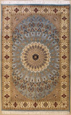 4'6x7'0 Pak Persian High Quality Area Rug with Silk & Wool Pile - Floral Design | Hand-Knotted in Greenish Blue