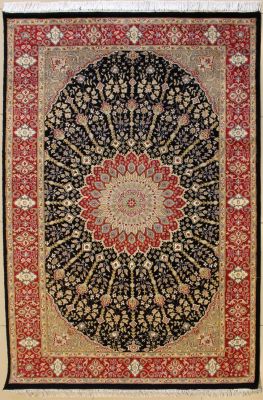 4'6x7'0 Pak Persian High Quality Area Rug with Silk & Wool Pile - Floral Design | Hand-Knotted in Black