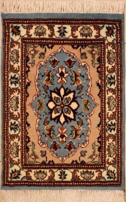 2'0x3'0 Pak Persian High Quality Area Rug with Wool Pile - Floral Medallion Design | Hand-Knotted in Greenish Blue