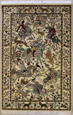4'7x7'2 Pak Persian High Quality Area Rug with Silk & Wool Pile - Pictorial Hunting Shikargah Design | Hand-Knotted in White