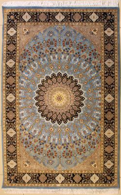 4'6x7'2 Pak Persian High Quality Area Rug with Silk & Wool Pile - Floral Design | Hand-Knotted in Greenish Blue
