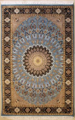 4'6x7'1 Pak Persian High Quality Area Rug with Silk & Wool Pile - Floral Design | Hand-Knotted in Greenish Blue