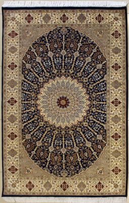 4'6x7'1 Pak Persian High Quality Area Rug with Silk & Wool Pile - Floral Design | Hand-Knotted in Blue