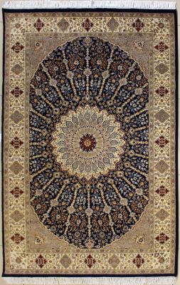 4'6x7'0 Pak Persian High Quality Area Rug with Silk & Wool Pile - Floral Design | Hand-Knotted in Blue