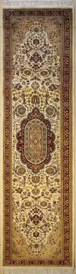 2'7x12'0 Pak Persian High Quality Area Rug with Silk & Wool Pile - Floral Medallion Design | Hand-Knotted in White