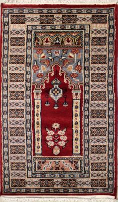 2'0x4'3 Bokhara Jaldar Area Rug with Wool Pile - Prayer Pictorial Design | Hand-Knotted in Red