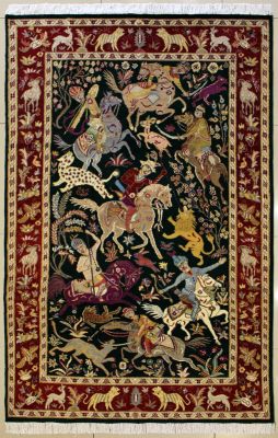 4'4x7'4 Pak Persian High Quality Area Rug with Silk & Wool Pile - Pictorial Hunting Shikargah Design | Hand-Knotted in Green