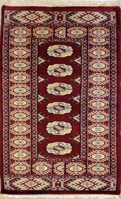 2'0x3'11 Bokhara Jaldar Area Rug with Wool Pile - Special Mori Bokhara Elephant Foot Design | Hand-Knotted in Red