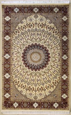 4'6x7'3 Pak Persian High Quality Area Rug with Silk & Wool Pile - Floral Design | Hand-Knotted in White