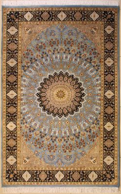 4'7x7'3 Pak Persian High Quality Area Rug with Silk & Wool Pile - Floral Design | Hand-Knotted in Greenish Blue