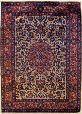 4'9x6'10 Pak Persian High Quality Area Rug with Wool Pile - Isfahan Floral Design | Hand-Knotted in Beige