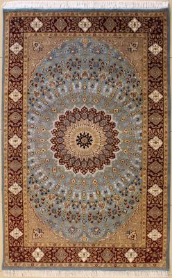 4'6x7'1 Pak Persian High Quality Area Rug with Silk & Wool Pile - Floral Design | Hand-Knotted in Greenish Blue