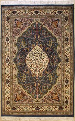 4'6x7'1 Pak Persian High Quality Area Rug with Silk & Wool Pile - Floral Design | Hand-Knotted in Grey