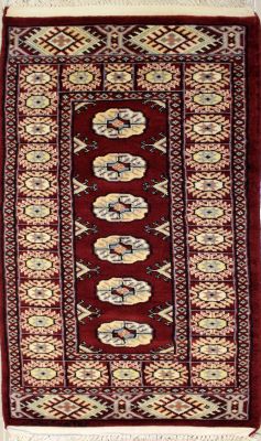 2'0x4'1 Bokhara Jaldar Area Rug with Wool Pile - Special Mori Bokhara Elephant Foot Design | Hand-Knotted in Red