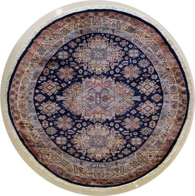 7'9x7'11 Caucasian Design Area Rug with Silk & Wool Pile - Geometric Design | Hand-Knotted in Blue