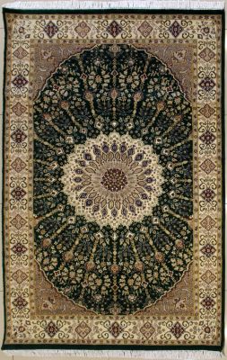 4'6x7'8 Pak Persian High Quality Area Rug with Silk & Wool Pile - Floral Design | Hand-Knotted in Green