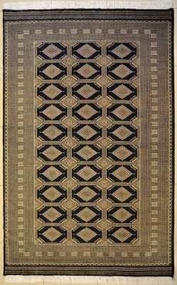 6'2x9'1 Bokhara Jaldar Area Rug with Wool Pile - Geometric Diamond Design | Hand-Knotted in Black
