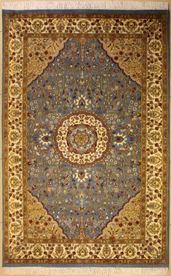 5'0x8'0 Pak Persian High Quality Area Rug with Silk & Wool Pile - Floral Design | Hand-Knotted in Grey