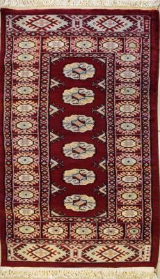 2'0x3'11 Bokhara Jaldar Area Rug with Wool Pile - Special Mori Bokhara Elephant Foot Design | Hand-Knotted in Red