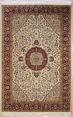 5'0x8'2 Pak Persian High Quality Area Rug with Silk & Wool Pile - Floral Design | Hand-Knotted in White