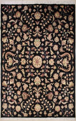 6'0x8'9 Pak Persian Area Rug with Silk & Wool Pile - Floral Design | Hand-Knotted in Black