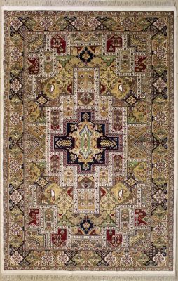 6'1x9'2 Pak Persian Area Rug with Silk & Wool Pile - Bakhtiari Panel Design | Hand-Knotted in Ivory