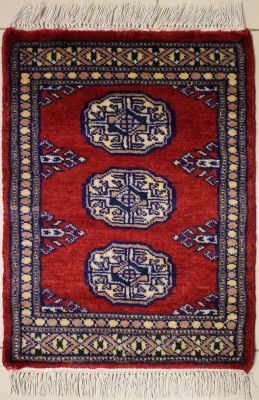 1'5x2'0 Bokhara Jaldar Area Rug with Wool Pile - Special Mori Bokhara Elephant Foot Design | Hand-Knotted in Red
