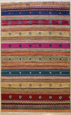 5'0x8'1 Gabbeh Area Rug made using Vegetable dyes with Wool Pile - Striped Design | Hand-Knotted Multicolored | 5x8 Double Knot Rug