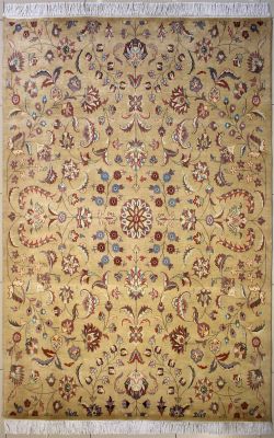 6'2x9'0 Pak Persian Area Rug with Silk & Wool Pile - Floral Design | Hand-Knotted in Beige