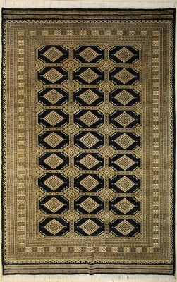 6'3x9'5 Bokhara Jaldar Area Rug with Silk & Wool Pile - Geometric Diamond Design | Hand-Knotted in Black
