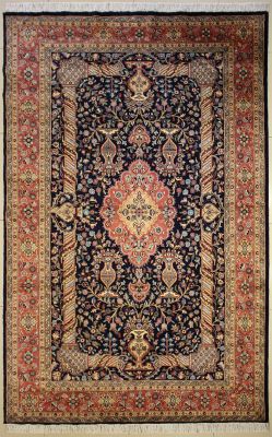 6'1x9'7 Pak Persian Area Rug with Silk & Wool Pile - Floral Medallion Design | Hand-Knotted in Blue