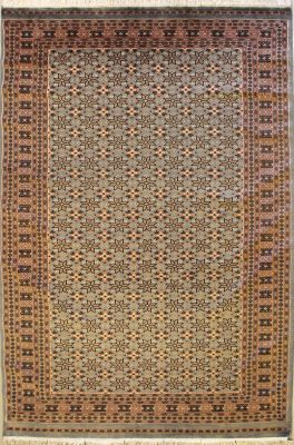 6'2x9'1 Bokhara Jaldar Area Rug with Silk & Wool Pile - Geometric Diamond Design | Hand-Knotted in Grey