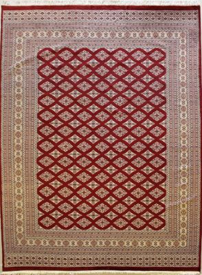 7'1x10'0 Bokhara Jaldar Area Rug with Silk & Wool Pile - Geometric Diamond Design | Hand-Knotted in Red