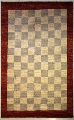 5'5x8'5 Gabbeh Area Rug made using Vegetable dyes with Wool Pile - Checkered Design | Hand-Knotted Multicolored | 5.5x8 Double Knot Rug