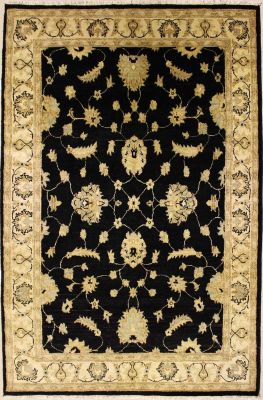 5'6x8'2 Chobi Ziegler Area Rug made using Vegetable dyes with Wool Pile - Floral Design | Hand-Knotted in Black