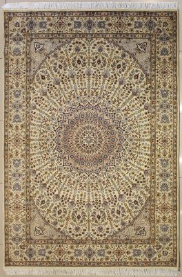 5'7x8'2 Pak Persian High Quality Area Rug with Silk & Wool Pile - Floral Design | Hand-Knotted in White