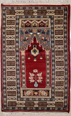 2'1x4'0 Bokhara Jaldar Area Rug with Wool Pile - Prayer Pictorial Design | Hand-Knotted in Red